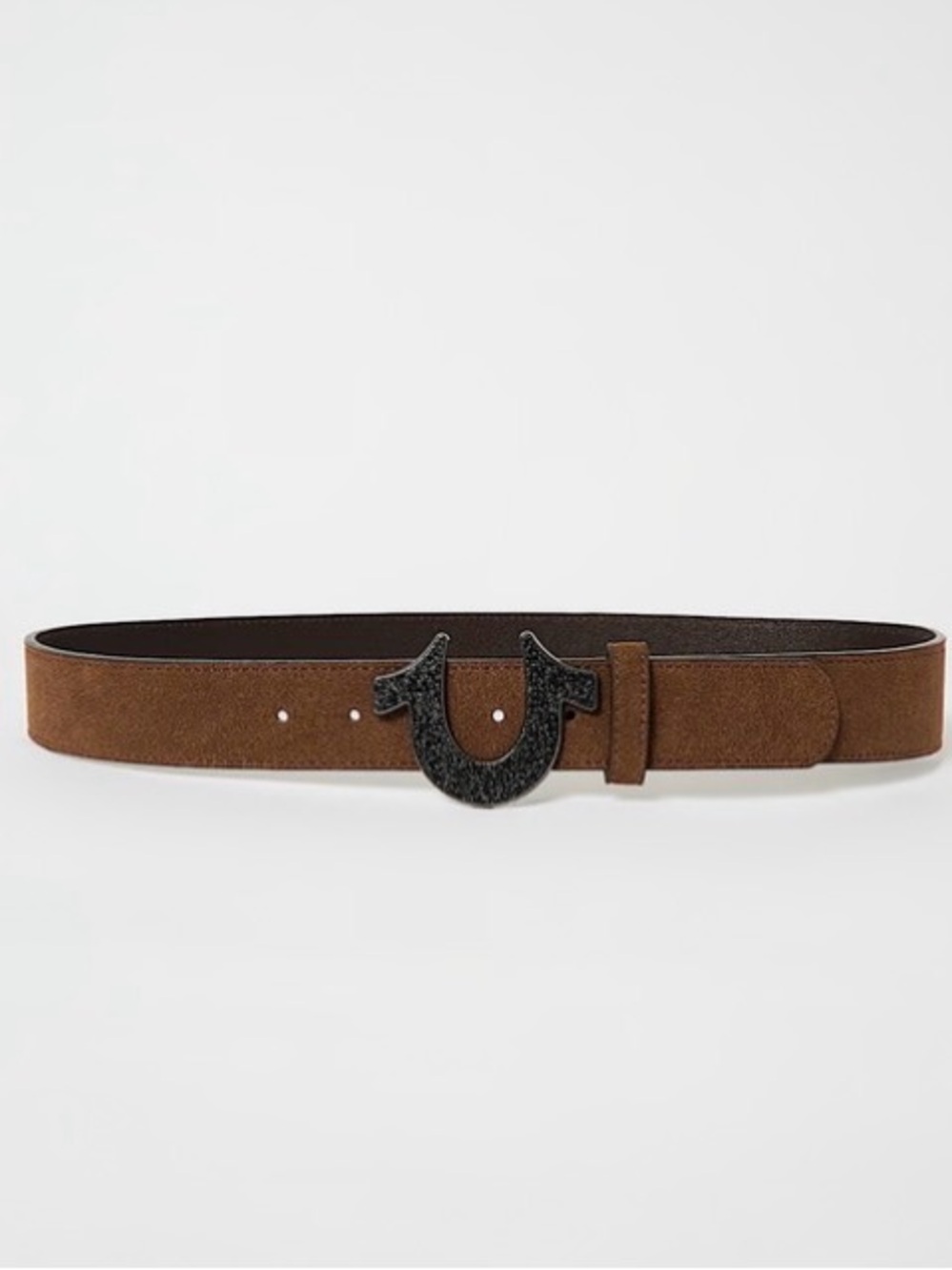 True Religion Brown Suede Logo Belt with Black Horseshoe Buckle